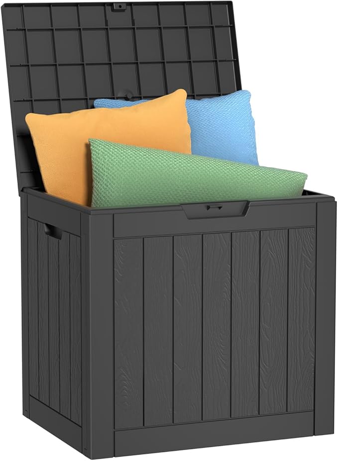 30 Gallon Deck Box,Resin Outdoor Storage Box with Lockable for Patio Furniture, Garden Tools Waterproof Outside Storage Box (Black)
