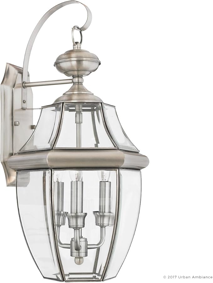 Urban Ambiance Luxury Colonial Outdoor Wall Light, Large Size: 22.5" H x 12.25" W, with Tudor Style Elements, Versatile Design, Classy Aged Silver Finish and Beveled Glass, UQL1147