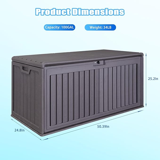 100 Gallon Outdoor Storage Box Waterproof, Resin Deck Box with Dual-Wall for Storing Gardening Tools, Pool Supplies, And More