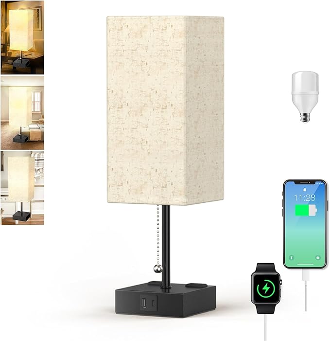 Table Lamp for Bedroom with USB, Bedside Lamp with USB C+A Charging Ports