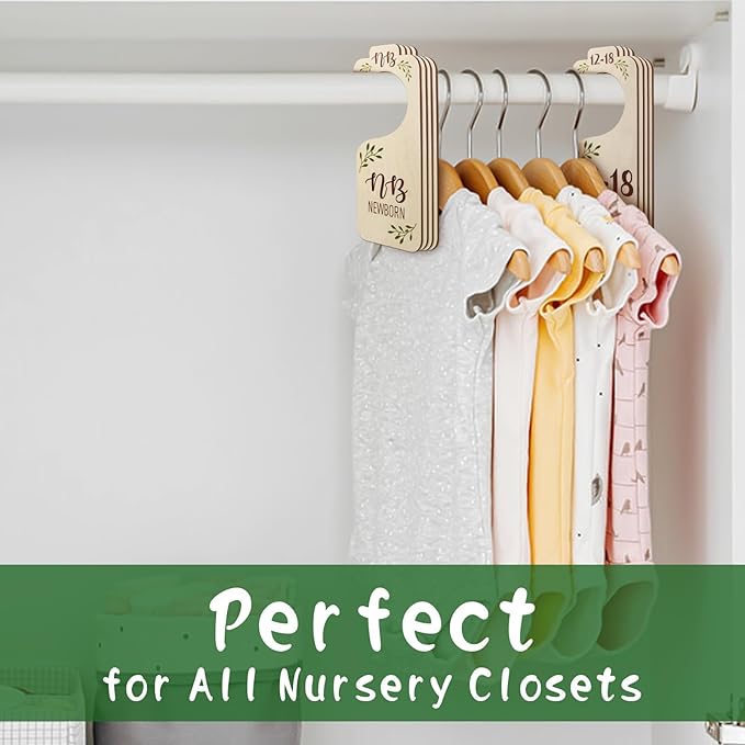 Baby Closet Dividers for Clothes Organizer - 8 PCS Adorable Wooden Double-Sided Baby Clothes Size Hanger Organizer from Newborn to Toddler for Nursery Decor