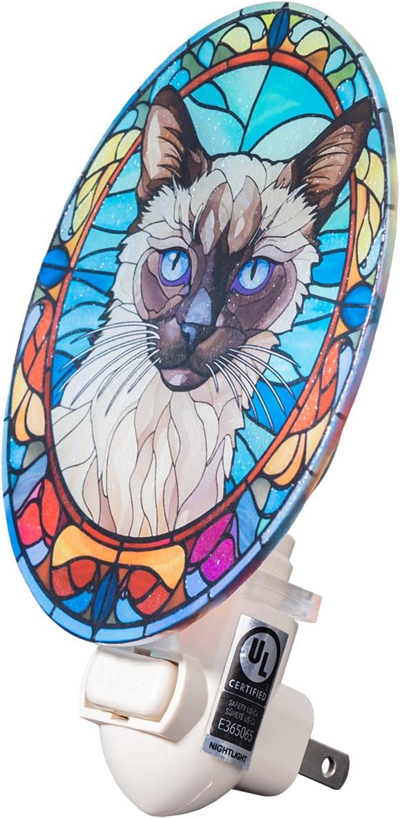 Siamese Cat Stained Glass Styled Night Light, Real Glass Plug-in Night Light