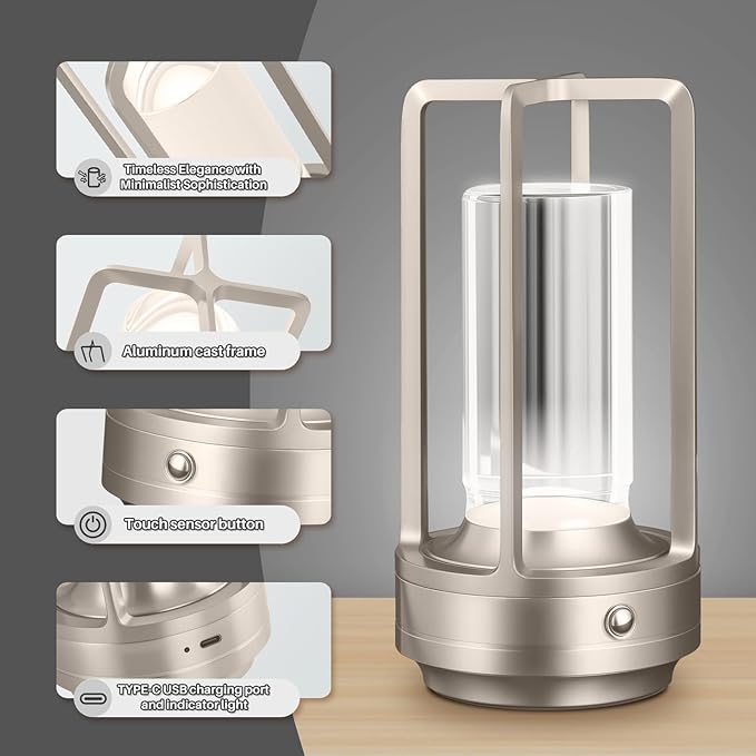 Rechargeable Table Lamp Cordless, 3 Color | Crystal | Stepless Dimming