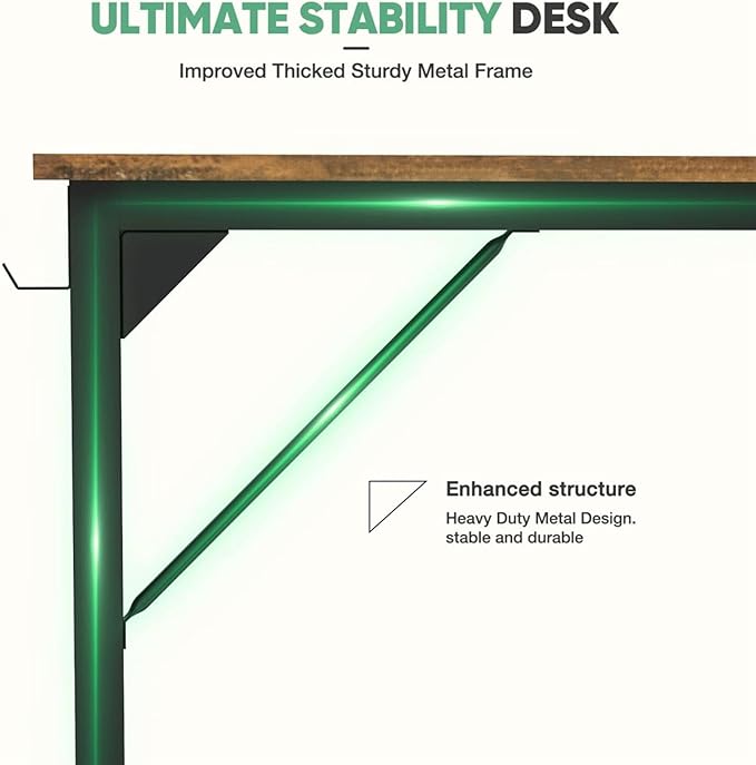 63 Inch Desk Office with Storage, Modern Simple Style Gaming Computer Table for Youth Student Adult, Metal and Wood Home Office Furniture, Rustic Brown