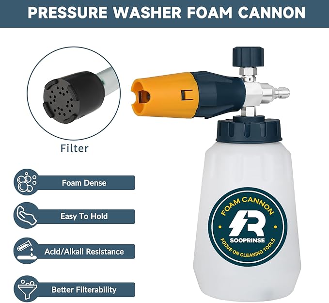 Sooprinse Foam Cannon with 1/4 Inch Quick Connector, Heavy Duty Car Foam Blaster Wide Neck Adjustable Snow Foam Lance for Pressure Washer, 1 Liter