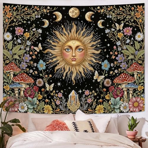 Boho Sun and Moon Tapestry Hippie Mushroom Floral Wall Tapestry for Bedroom Aesthetic Moon Phase Vintage Plant Celestial Small Tapestries Wall Hanging for Living Room Dorm 48 x 36 Inch