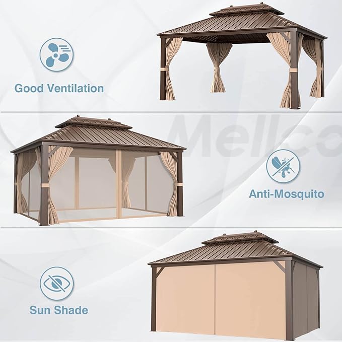 MELLCOM 10'x13' Hardtop Gazebo, Galvanized Steel Double Roof Metal Canopy with Aluminum Frame, Brown Permanent Patio Gazebos with Curtains and Netting for Patios, Gardens, Lawns