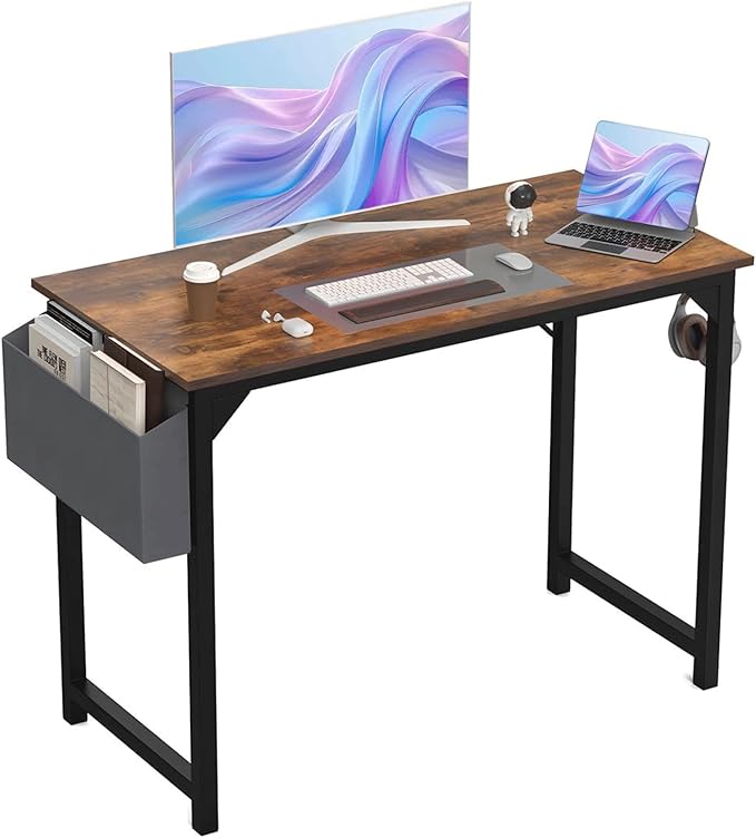 40 Inch Desk Office with Storage, Modern Simple Style Gaming Computer Table for Youth Student Adult, Metal and Wood Home Office Furniture, Rustic Brown