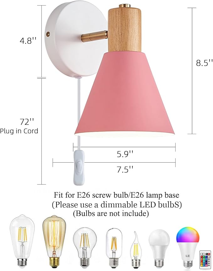 Plug in Wall Sconces Lighting Fixture, Wooden Adjustable Bedside Wall lamp