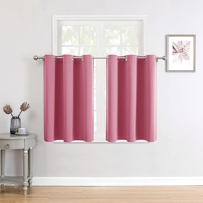 ChrisDowa Small Window Curtains for Kitchen and Bedroom - Grommet Short Thermal Insulated Room Darkening Curtains (2 Panels, Pink, 42 x 36 Inch)
