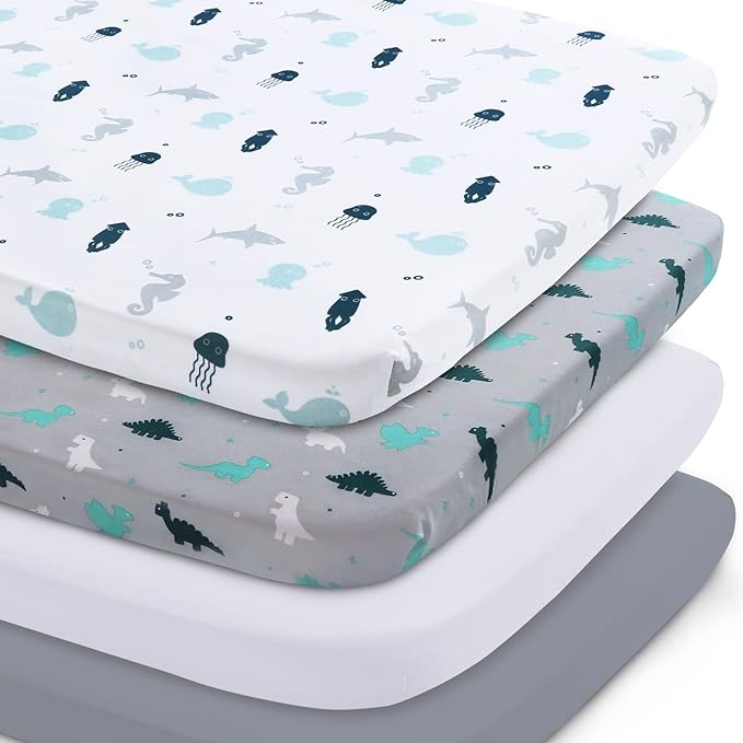 Graco Pack n Play Sheets Fitted 4-Pack | Mini Crib Sheets, Breathable Material, Grey