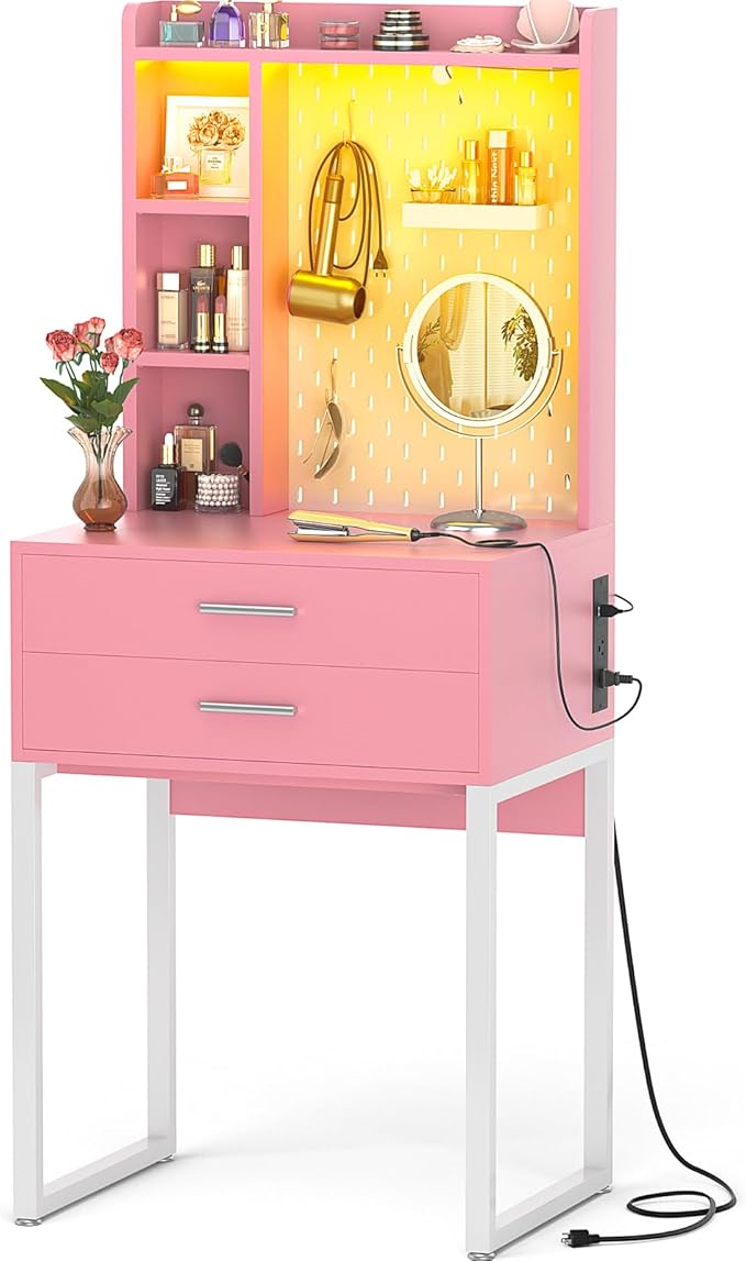 Small Vanity Desk with Hutch and Drawers, Pink Makeup Vanity Desk with Outlets, Vanity Table Dressing Table with LED Lights, Vanity Desks No Mirror with Pegboard for Girls Women, 24"