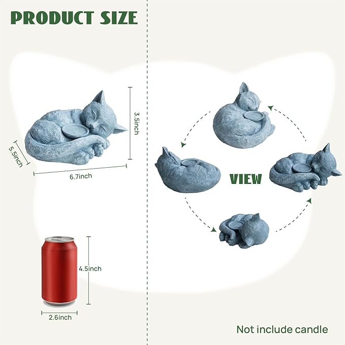 Sleeping Cat Candle Holder Statue Realistic Resin Cat Figurine with Candle Tray Outdoor Garden Decor for Patio Yard or Indoor Use for Cat Lovers Women and Memorials Grey Stone