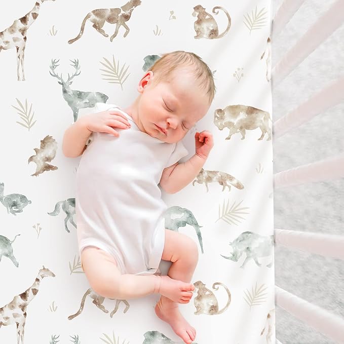 Stretchy Ultra Soft Jersey Knit Pack n Play Sheets Set 3 Pack, Portable/Mini Crib Sheets for Girls and Boys, Universal Fit for Pack N Plays Safe and Snug, Stylish African Savannah Animals Pattern