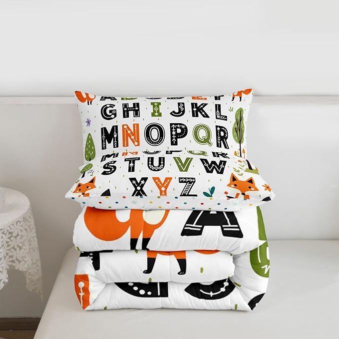 Feelyou Educational Nursery Art Comforter Set Queen Size Alphabet Kids ABC Learning Bedding Set for Kids Boys Girls Cute Fox Duvet Quilt Woodland Animals Bedroom Decor 3 Pcs with 2 Pillow Cases
