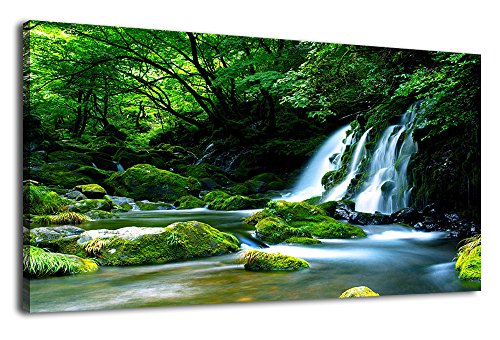 Waterfall Canvas Wall Art Living Room Decoration Large Nature Picture Artwork Modern Wall Art Landscape Green Forest for Kitchen Office Wall Decor Home Decorations Framed Ready to Hang 20" x 40"