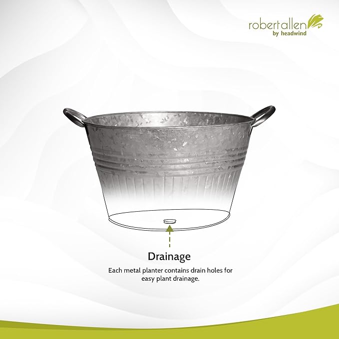 Headwind Decorative Planter - Round Galvanized Tub Planter with Handles – 16 Inch Lightweight Metal Planter with Drainage Hole – Galvanized Steel Tub for Plants - Metal Flower Pot by Robert Allen
