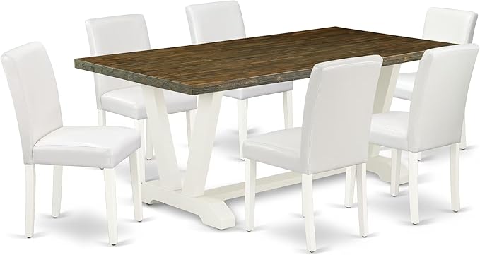 East West Furniture V077AB264-7 7 Piece Kitchen Table Set Consist of a Rectangle Dining Table with V-Legs and 6 White Faux Leather Parson Dining Chairs, 40x72 Inch, Multi-Color