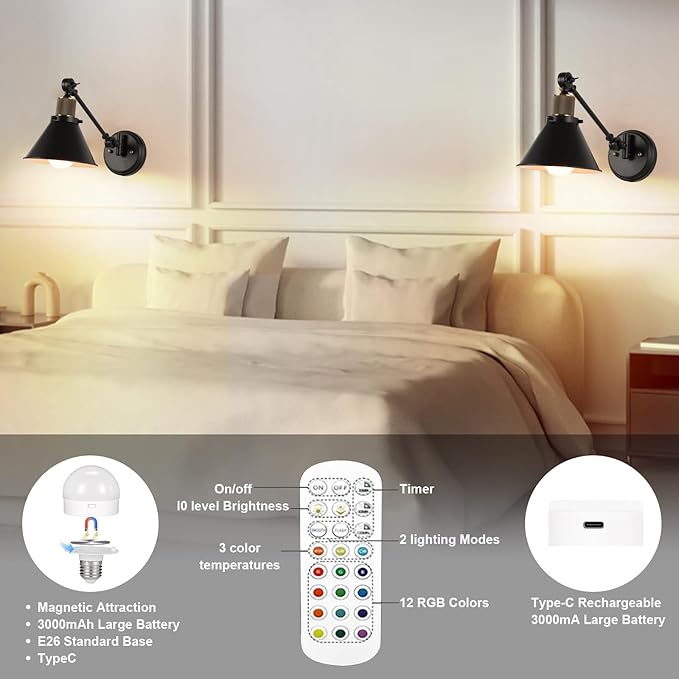 TRLIFE Rechargeable Battery Operated Wall Sconce, Dimmable and Adjustable Color