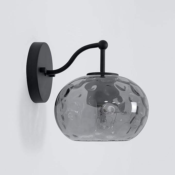 Matte Black Wall Sconce Light Smoked Hammered Glass Vanity Lighting Modern Grey