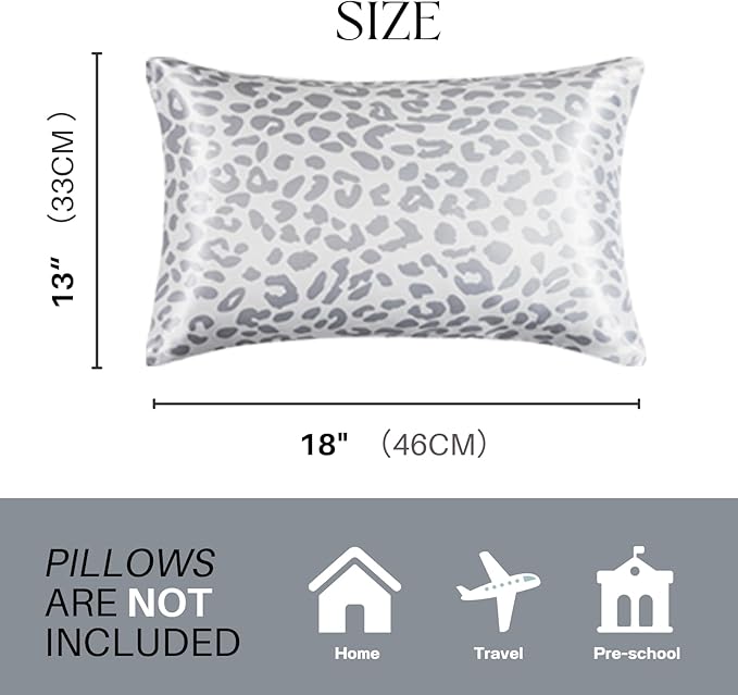Silky Satin Toddler Pillowcases Pack of 2, 13x18 Inches Grey Leopard Printed Travel Pillowcases with Envelope Closure, Small Kids Pillow Cases Covers