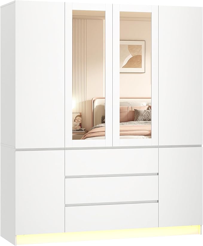 4 Doors Armoire Wardrobe Closet with 3 Drawers & Mirror, Modern Wooden Bedroom Armoires with Hanging Rod Led Lights for Bedroom, White