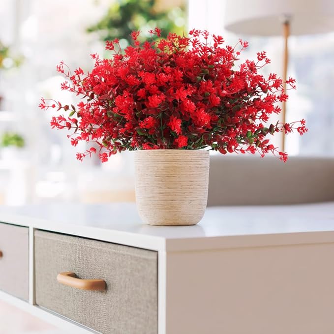 Fake Greenery Boxwood Plant Outdoor Artificial Flowers UV Resistant Fake Boxwood Plastic Plants Greenery Shrubs for Summer Indoor Outdoor Garden Patio Window Box Kitchen Home Decor(Red)