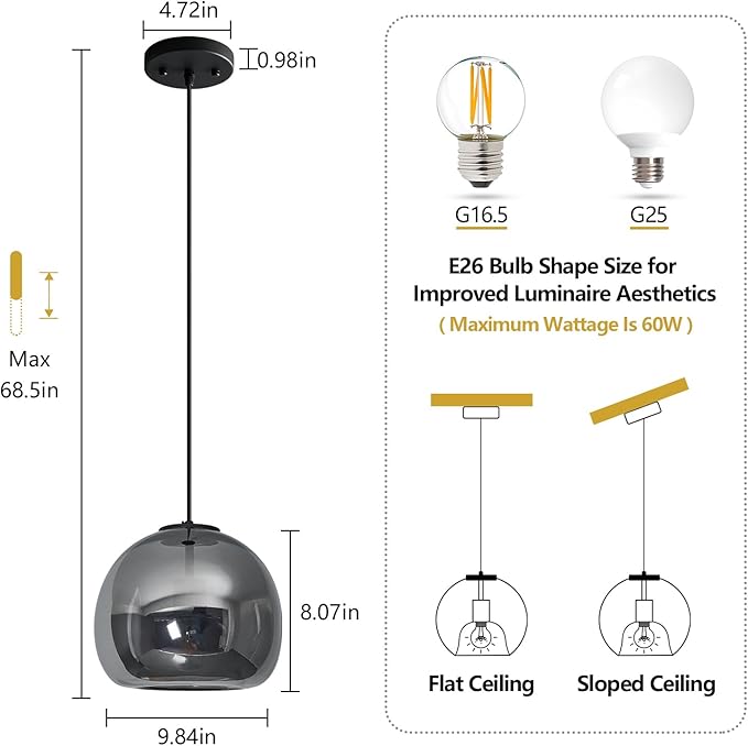 1-Light Mirror Gray Glass Pendant Lights Kitchen Island Black Hanging Light