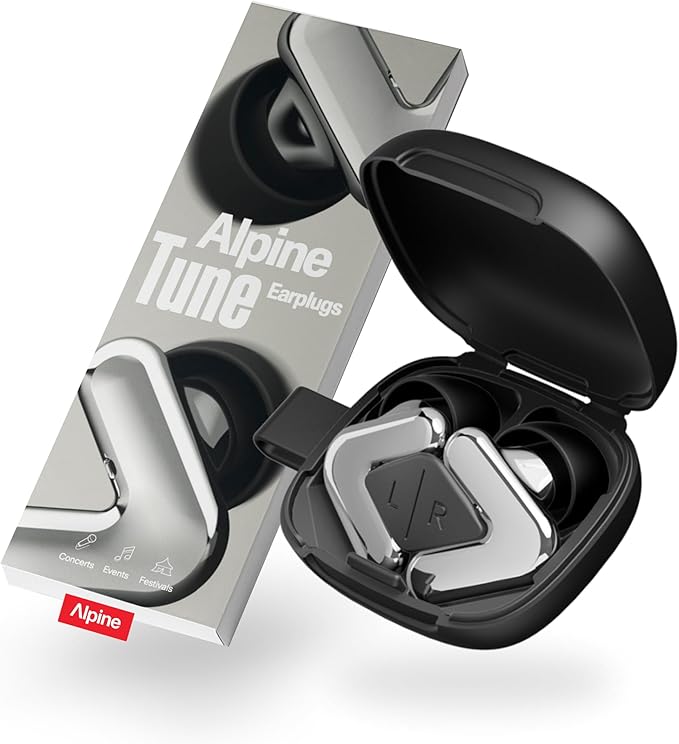 Alpine Tune Earplugs, Concert Ear Plugs for Noise Reduction, High Fidelity Music Quality, 19dB Hearing Protection with Crystal Clear Sound, Incl. 4 Sizes, For Parties, Raves, Festivals & Clubs, Silver