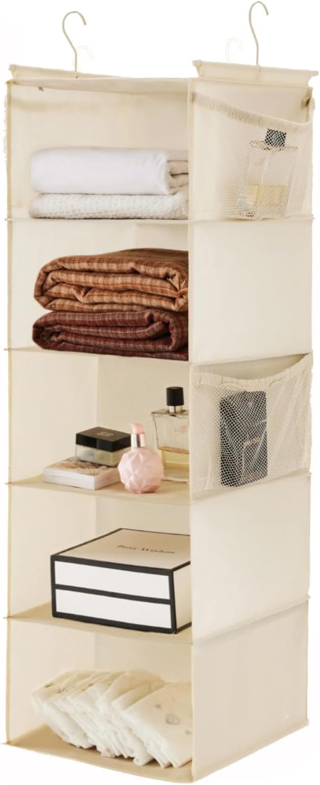 MAX Houser 5 Shelf Hanging Closet Organizer, Space Saver, Cloth Hanging Shelves with 4 Side Pockets, Foldable, Beige
