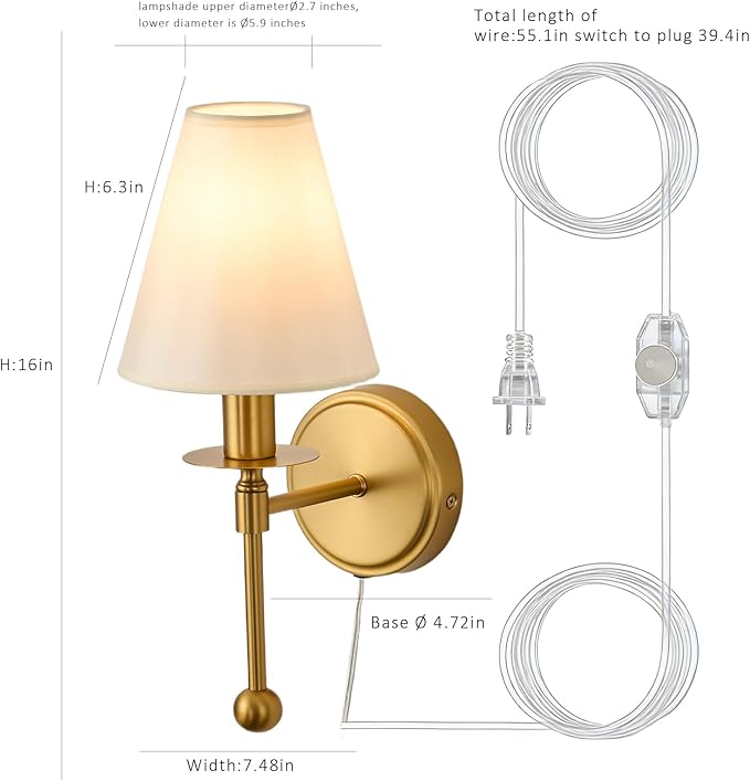 Plug in Dimmable Wall Lamp, Plug-in or Hardwired Installation Wall Sconce