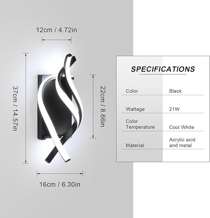 DELIPOP Wall Sconces, Spiral Modern LED Wall Sconce Lighting, 21W 6500K Cool