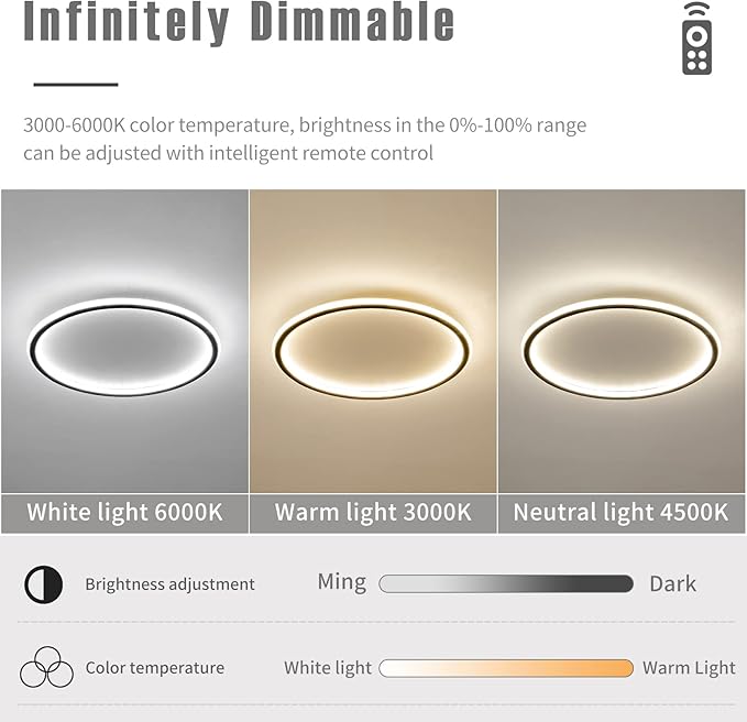 23.6 Inch Flush Mount Ceiling Light, 40-60W Round LED Ceiling Light Fixtures