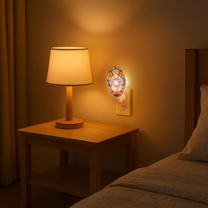 Siamese Cat Stained Glass Styled Night Light, Real Glass Plug-in Night Light