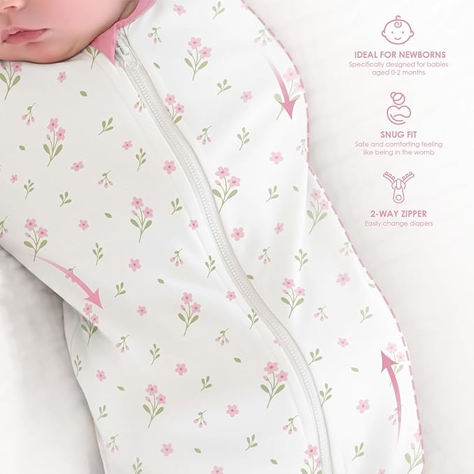 Baby Swaddle 0-2 Months, Cotton Arm-In Zipper Sleep Sack, Wearable Blankets Wrap for Newborn Infant Girls (Floral, Pack of 1)