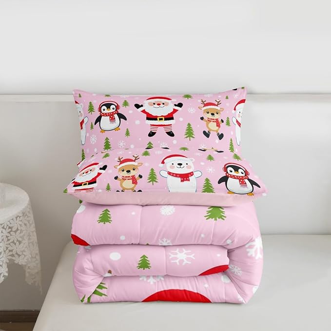 Feelyou Pink Christmas Bedding Set Soft for Boys Girls, Santa Claus Comforter Set Full Size Penguin Deer Duvet Quilt Microfiber Xmas Snowflake Tree Bedroom Decor 3 Pcs with 2 Pillow Cases