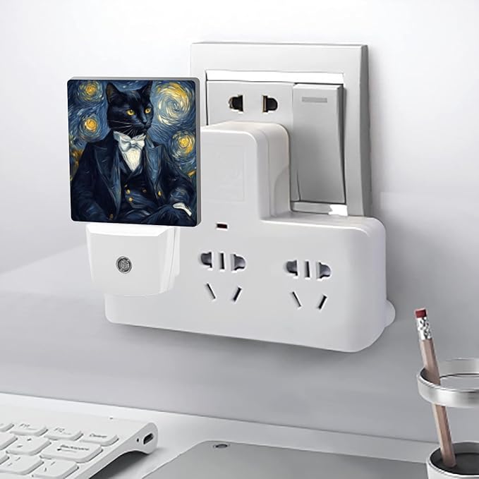 LED Night Lights Plug into Wall, Starry Night Tuxedo Cat Decorative Night