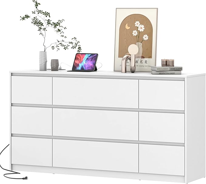 White Malm Dresser for Bedroom, 63 Inch Long 9 Drawers Dresser with Charging Station, Modern Large Wood Chest of Drawers Handle Free for Bedroom, Living Room, Entryway, Hallway, White