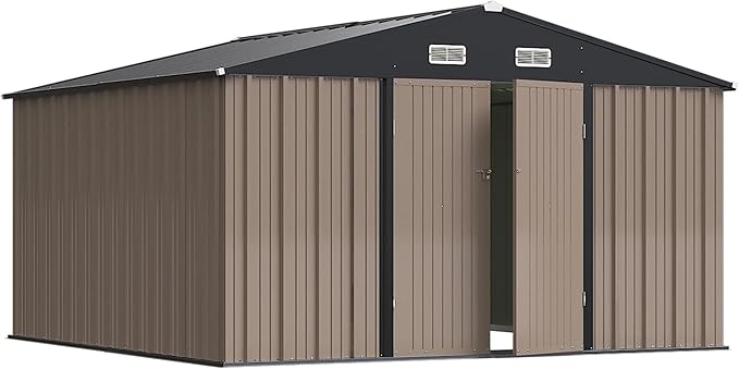 Greesum 10×10FT Outdoor Storage Shed, Metal Patio Storaged Sheds with Lockable Doors, Sheds & Outdoor Storage for Bike, Backyard, Pool and Garden, Brown