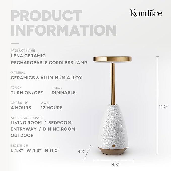 RONDURE 11.0" Ceramic Cordless Table Lamp, Portable Rechargeable Table lamp