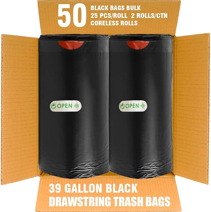 39 Gallon Lawn & Leaf Trash Bags Drawstring, 50 Count, Heavy Duty Black & Unscented Plastic Bags, Multi-purpose Garbage Bags for Home Commercial, Outdoor, Construction, Industrial