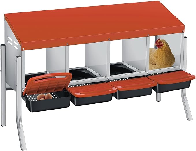 Chicken Nesting Boxes, Metal Rollaway Chicken Nest Box with Rollout Egg Collection, Removable Tray & Nesting Pads, Egg Laying Box for Chicken Coop Hens, Wall Mount or Standing, 4 Compartments, Orange