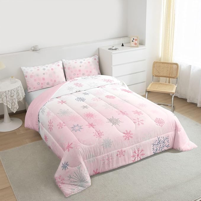 Feelyou Pink Snowflake Comforter Set King, Glitter Snowflake Comforter for Boys Girls Winter Theme Bedding Set Winter Holiday Duvet Set Decorative 3Pcs