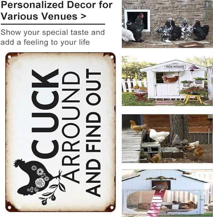 Funny Chicken Gifts Chicken Cluck Around and Find Out Tin Sign for Home Farm Chicken Coop Farmhouse Kitchen Garden Decor 12 X 16 Inch