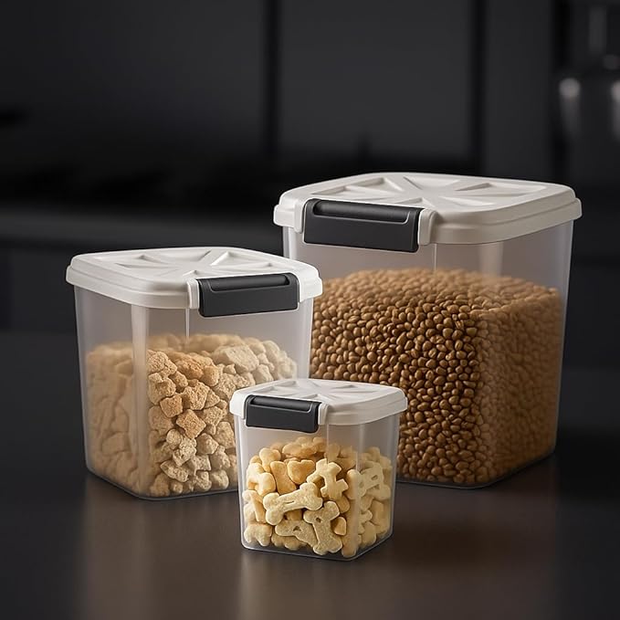 LivLab Mker Airtight Dog Food Storage Container 20 lbs, Pet Food Storage Bin with Lid 4 lbs & 6 lbs & 10 lbs, 3 Pack, Cat Treat Container, Stackable, 3 Measuring Cup, Save Space,White
