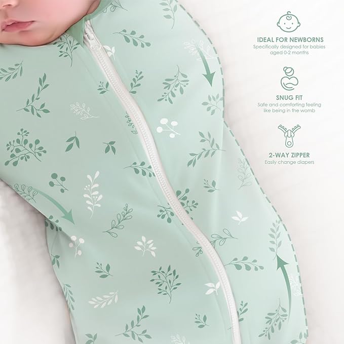 Baby Swaddle 0-2 Months, Cotton Arm-In Zipper Sleep Sack, Wearable Blankets Wrap for Newborn Infant Girls, Boys (Green Leaves, Polka Dots, Pack of 2)