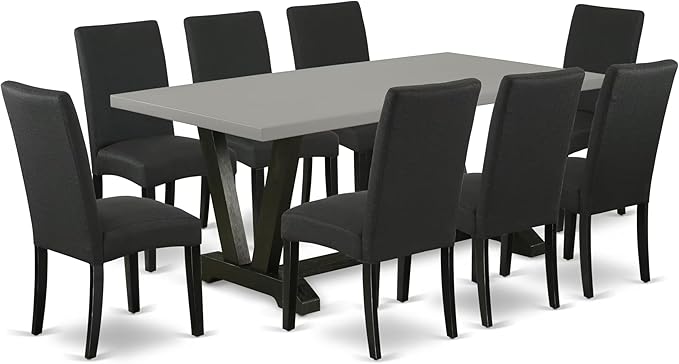 East West Furniture V697DR124-9 9 Piece Dining Table Set Includes a Rectangle Dining Room Table with V-Legs and 8 Black Color Linen Fabric Upholstered Chairs, 40x72 Inch, Multi-Color