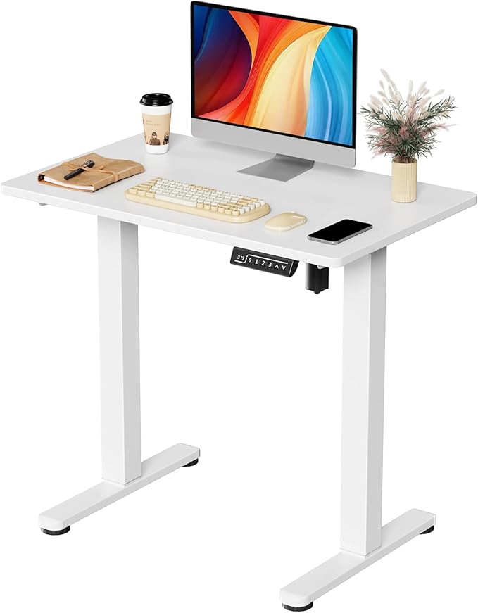 JOY worker Small Electric Standing Desk, 31.5" x 20" Whole Piece Height Adjustable Desk with Memory Controller, White Sit to Stand Workstation for Home Office