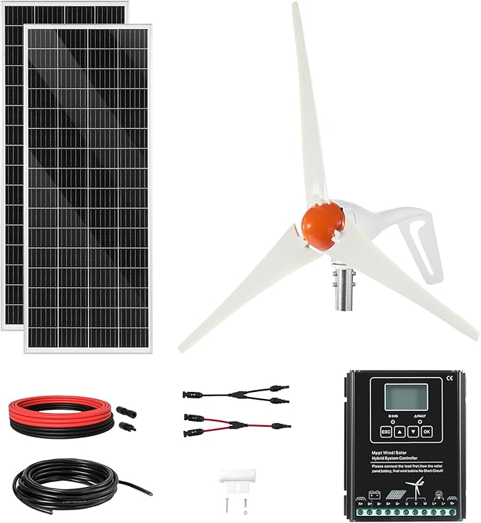 VEVOR 12V 400W Solar Wind Power Kit, 2PCS 100W Monocrystalline Solar Panels + 200W Wind Turbine + MPPT Wind/Solar Hybrid System Controller for Home RV Boat Camping Off-Grid Applications