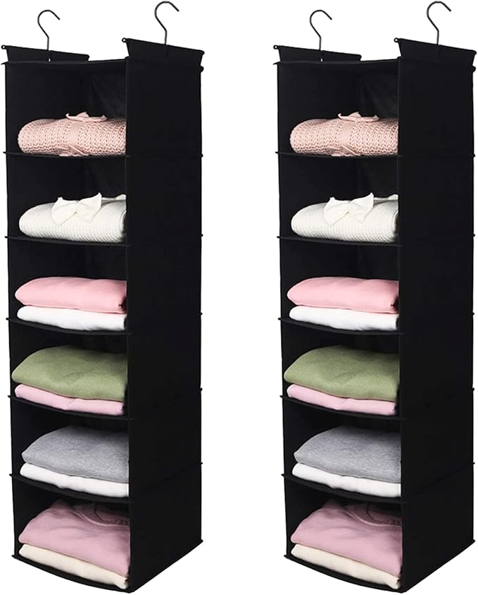 MAX Houser 6 Tier Shelf Hanging Closet Organizer, Closet Hanging Shelf with 2 Sturdy Hooks for Storage, 2 Pack, Foldable (Black)